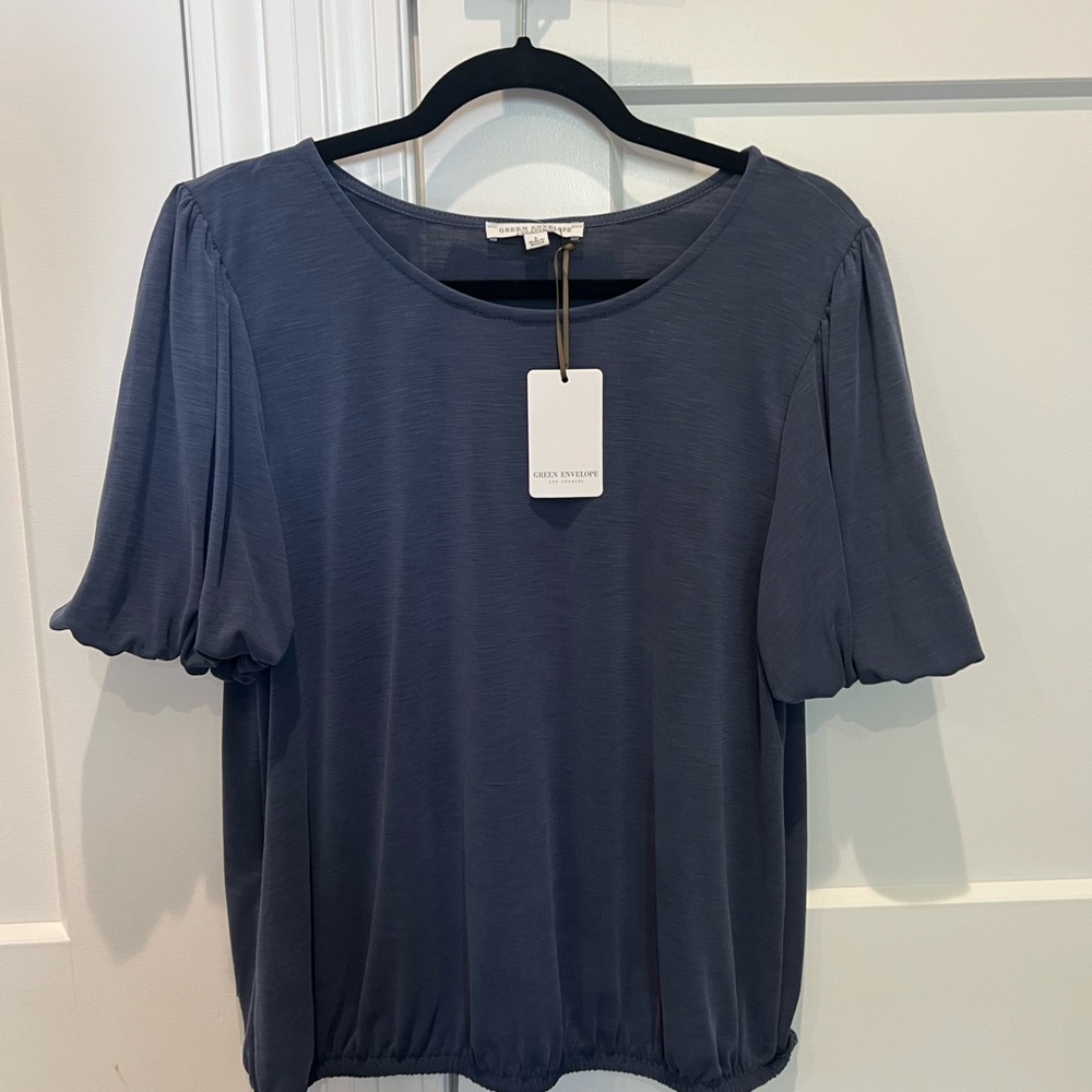 Green Envelope Blue Relaxed Flutter Sleeve Top
